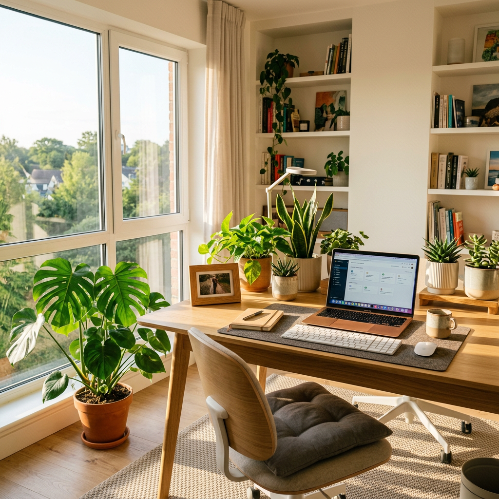 Home office desk with laptop, keyboard, notebooks, coffee mug, and multiple green plants beside large window