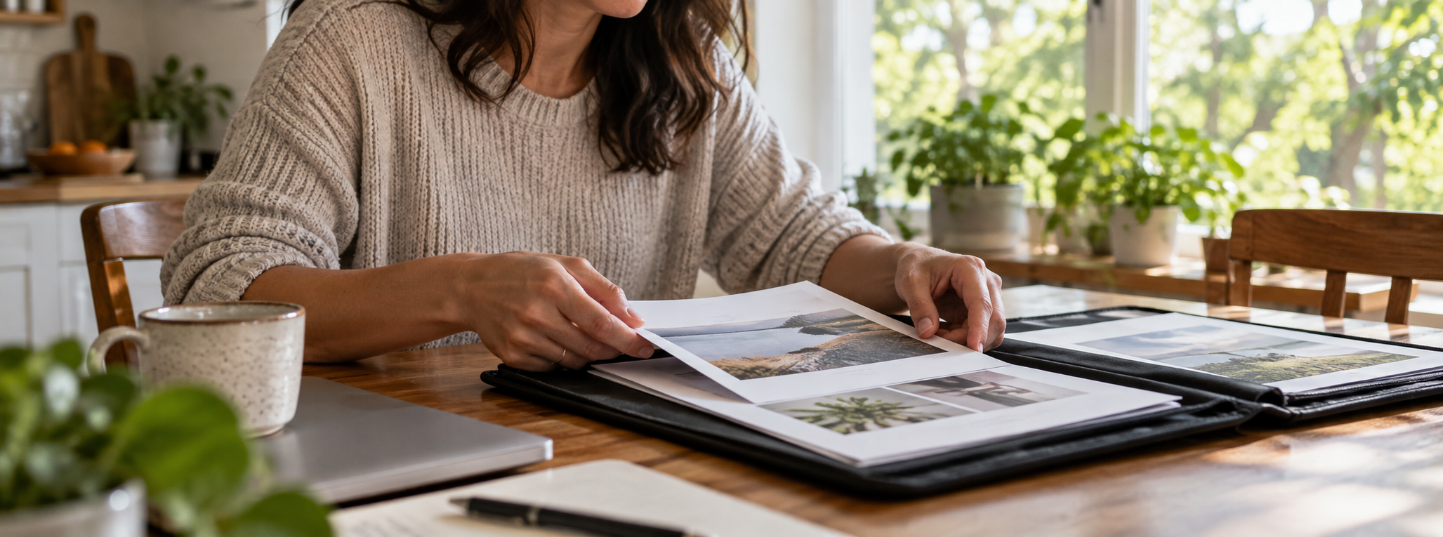 A person reviewing past work samples at a desk with renewed confidence