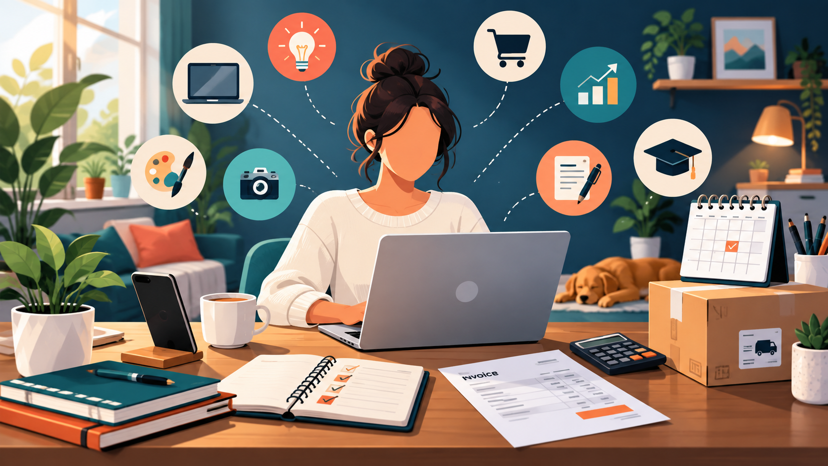 Freelancer managing several income projects from home