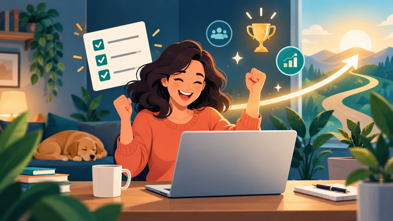 Remote worker celebrating a career win