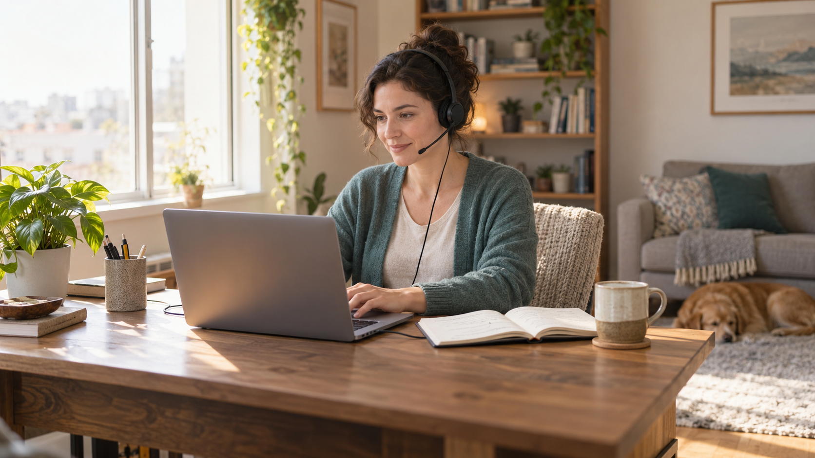 A remote professional wearing a wired headset at a peaceful home-office desk.