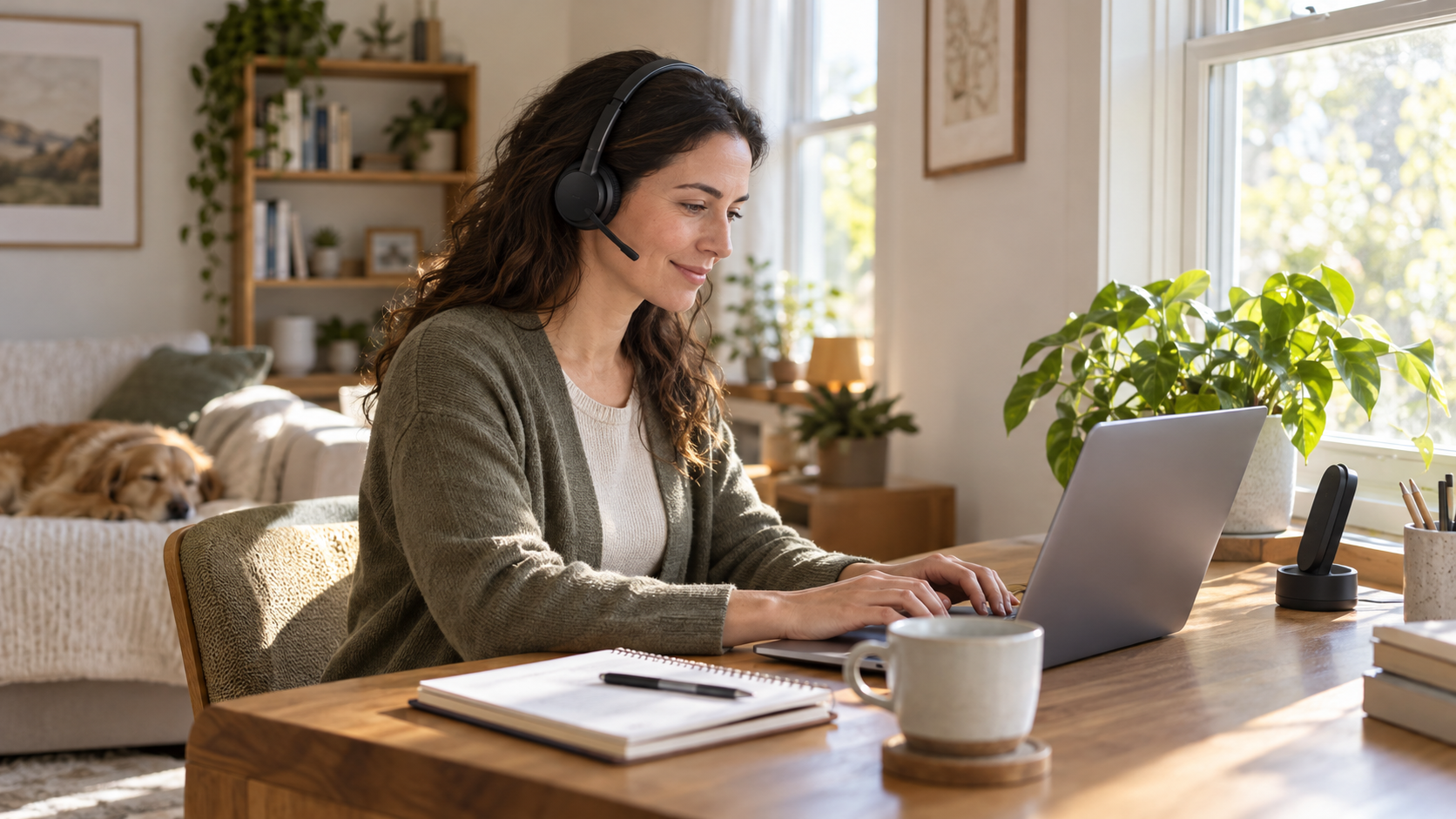 A remote professional wearing a wireless headset at a sunlit home-office desk.