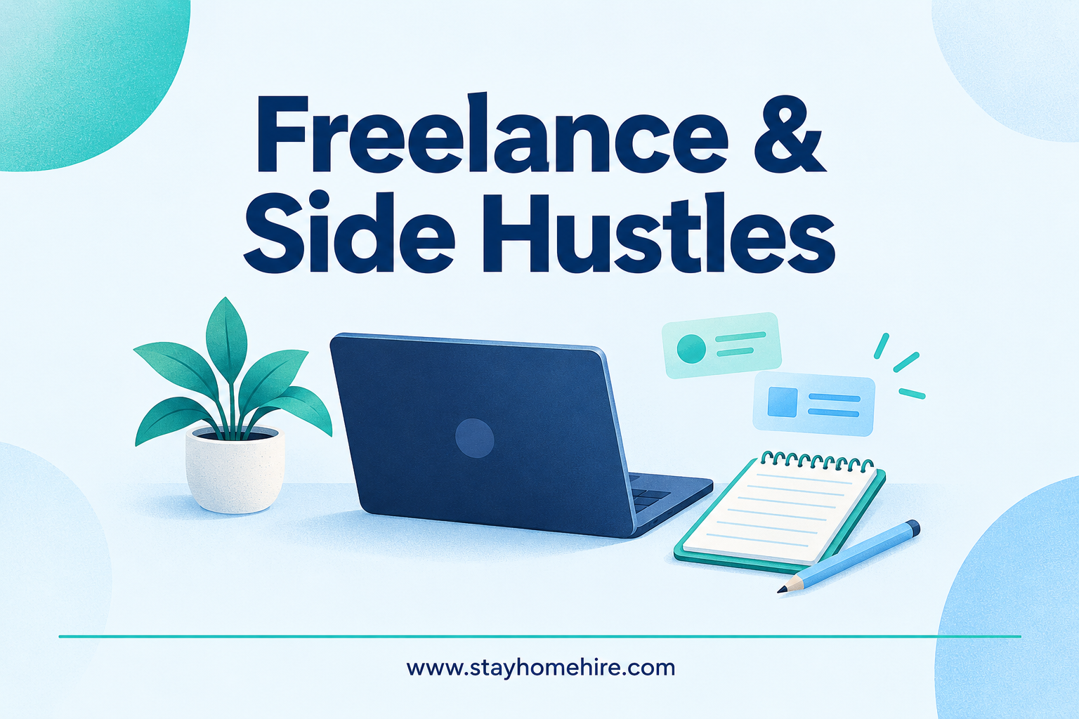 Freelance & Side Hustles category card with navy title, teal and light-blue illustration, and www.stayhomehire.com at the bottom.