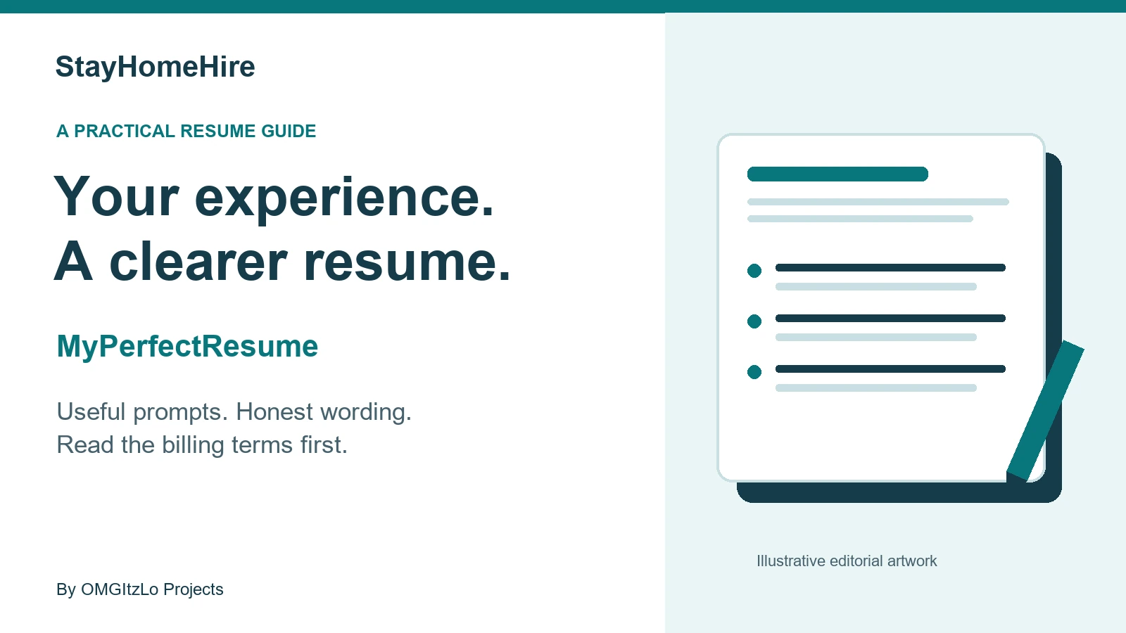 Original illustration of a resume document and pencil, with the title Your experience. A clearer resume. MyPerfectResume is shown as plain editorial text.
