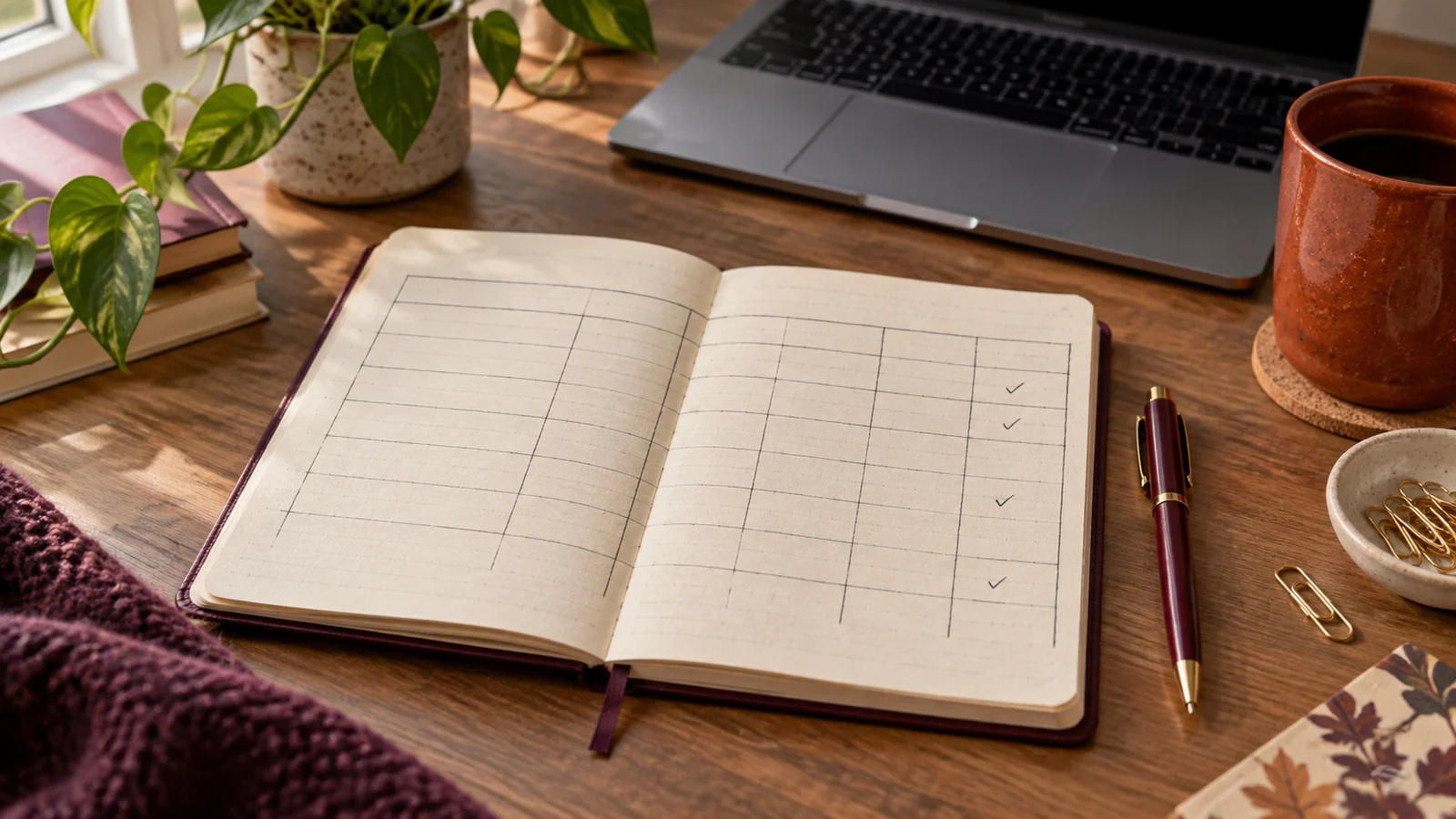 An open notebook with an illustrative application-tracking table, pen and laptop on a home desk.