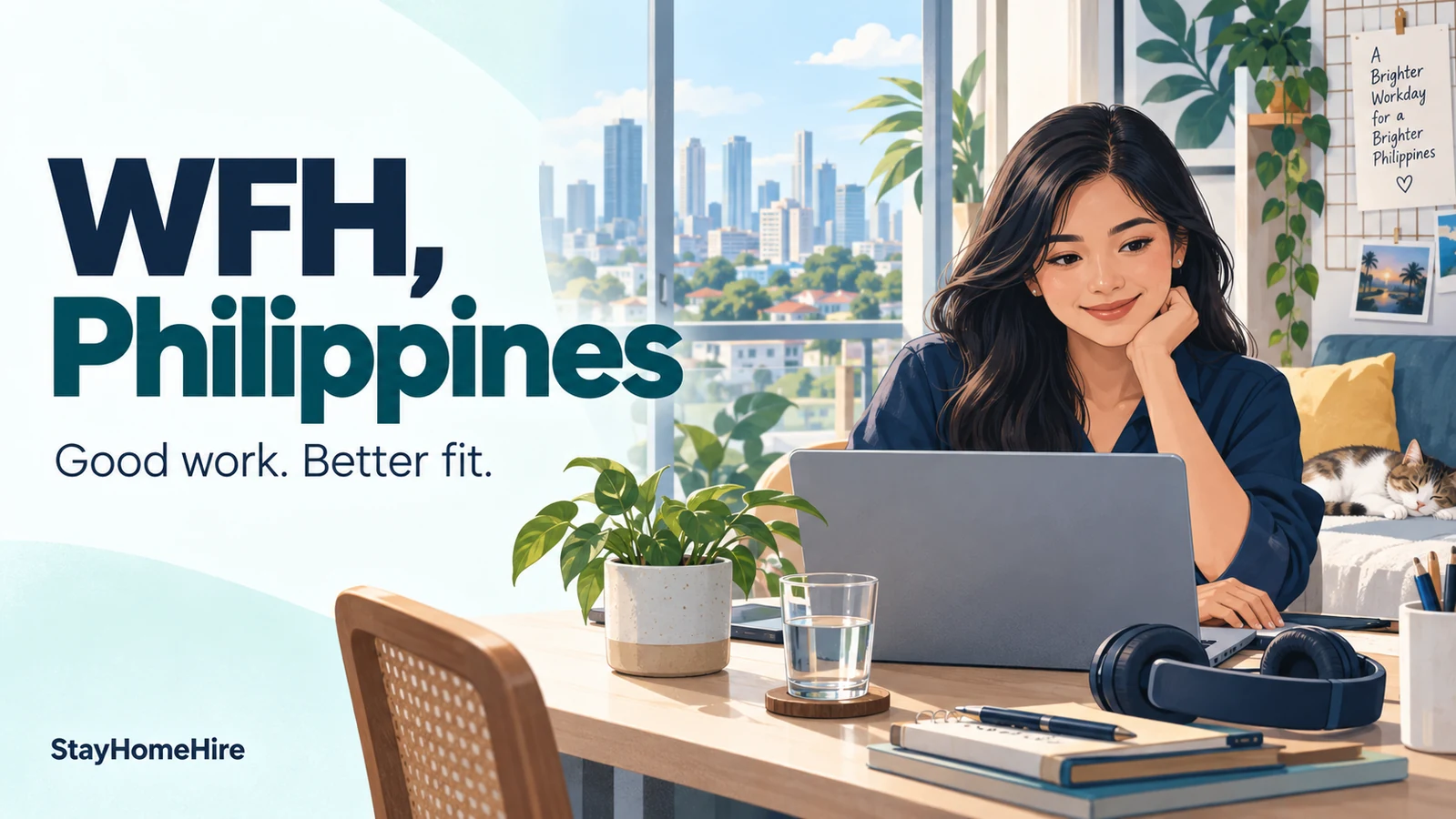 Illustration of a Filipino professional at a home desk beside the title WFH, Philippines: Good work. Better fit.