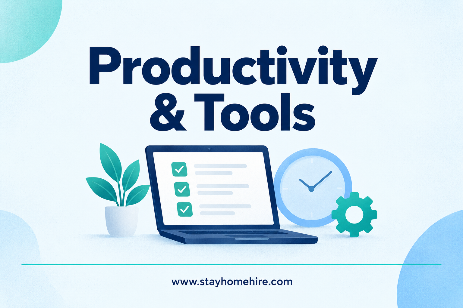 Productivity & Tools category card with navy title, teal and light-blue illustration, and www.stayhomehire.com at the bottom.