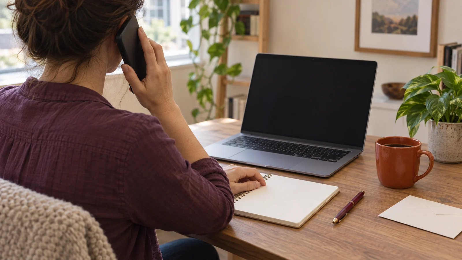 A job seeker makes a phone call beside a notebook and laptop to prepare a reference request.