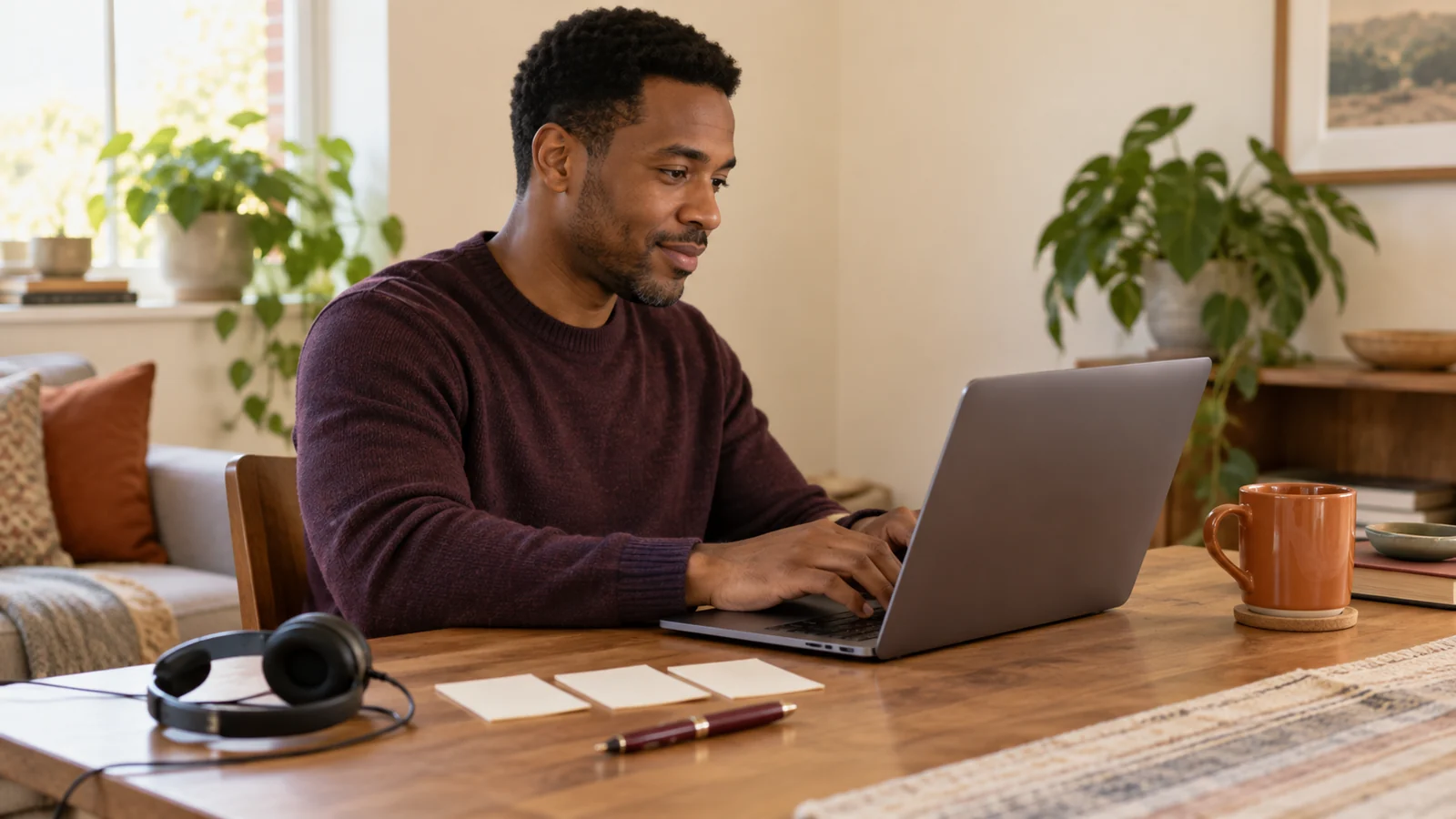 A person practices written customer support replies at a laptop, with a wired headset and blank note cards nearby.