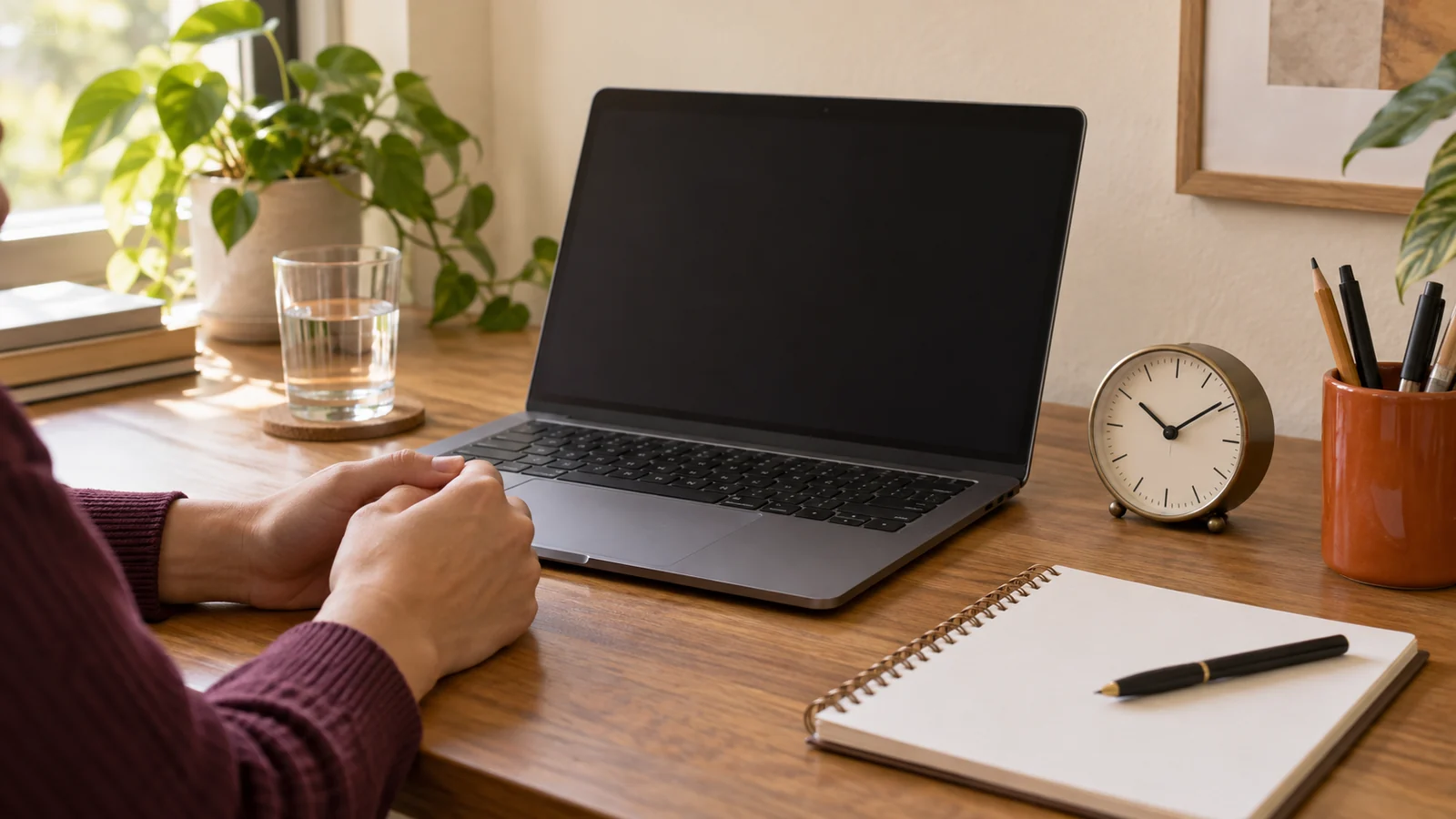 A job seeker pauses beside a laptop, small clock and notebook before starting a hiring assessment.