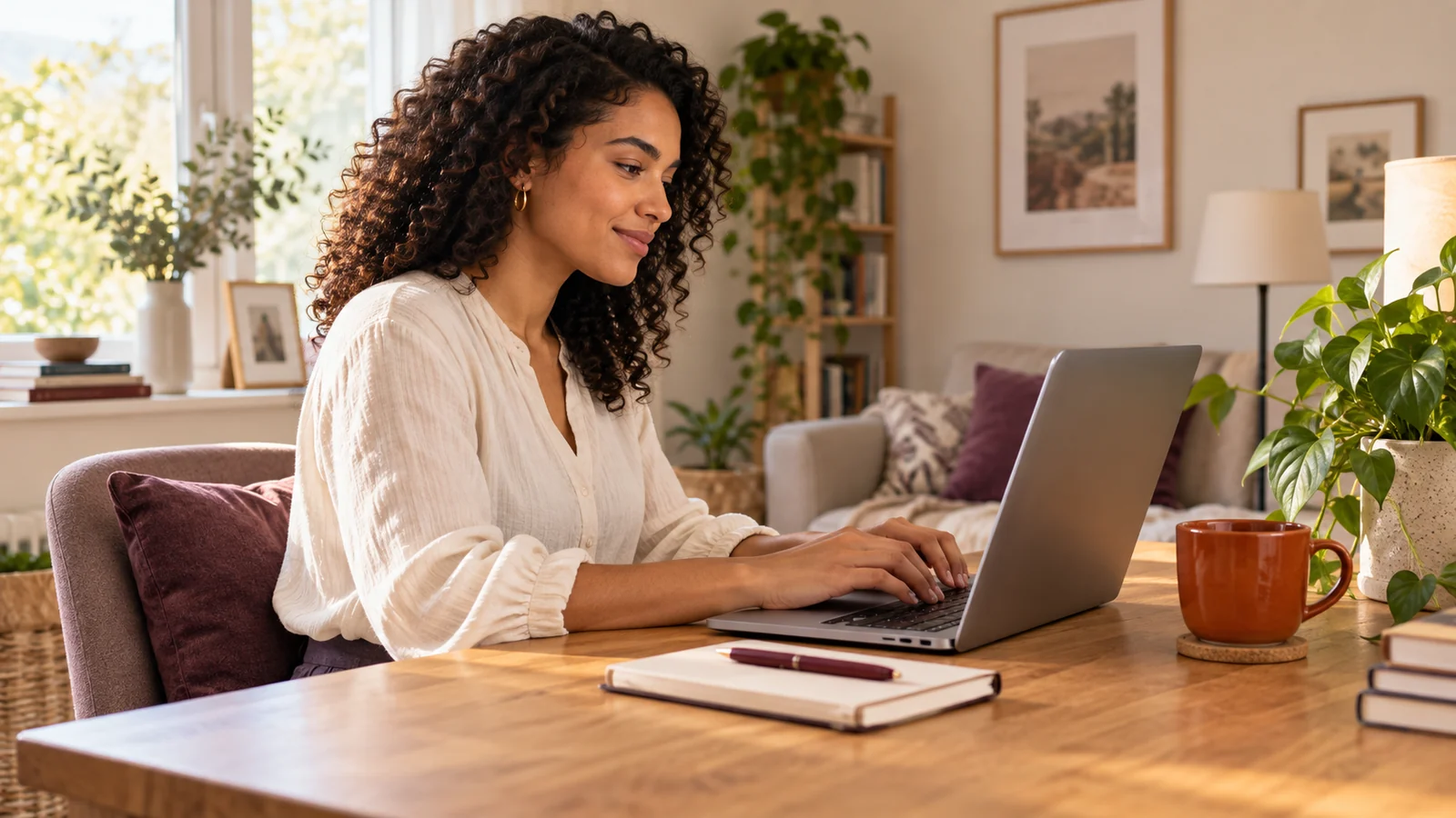 A person calmly types an interview follow-up at a bright home desk with a notebook and pen.