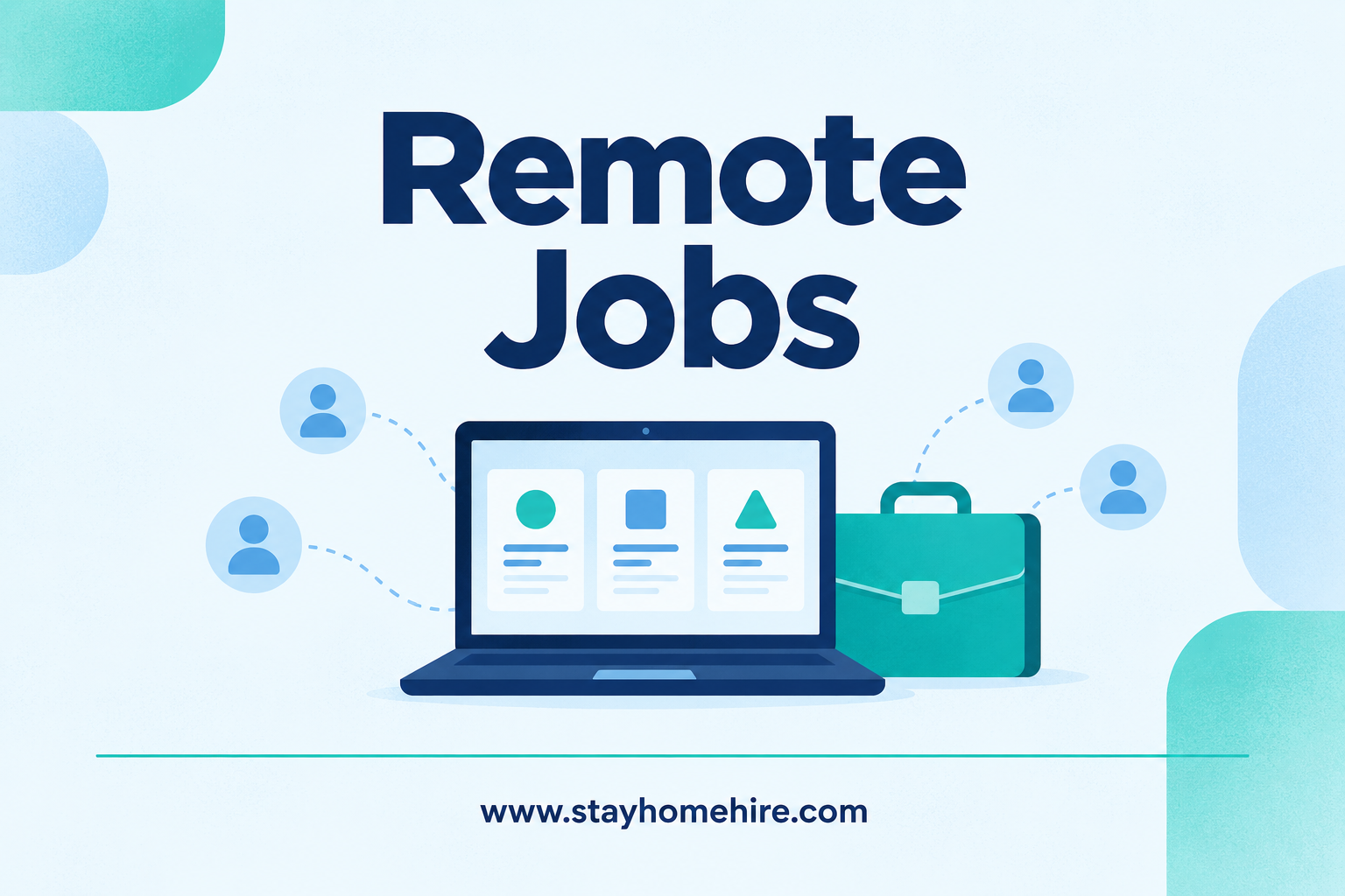 Remote Jobs category card with navy title, teal and light-blue illustration, and www.stayhomehire.com at the bottom.
