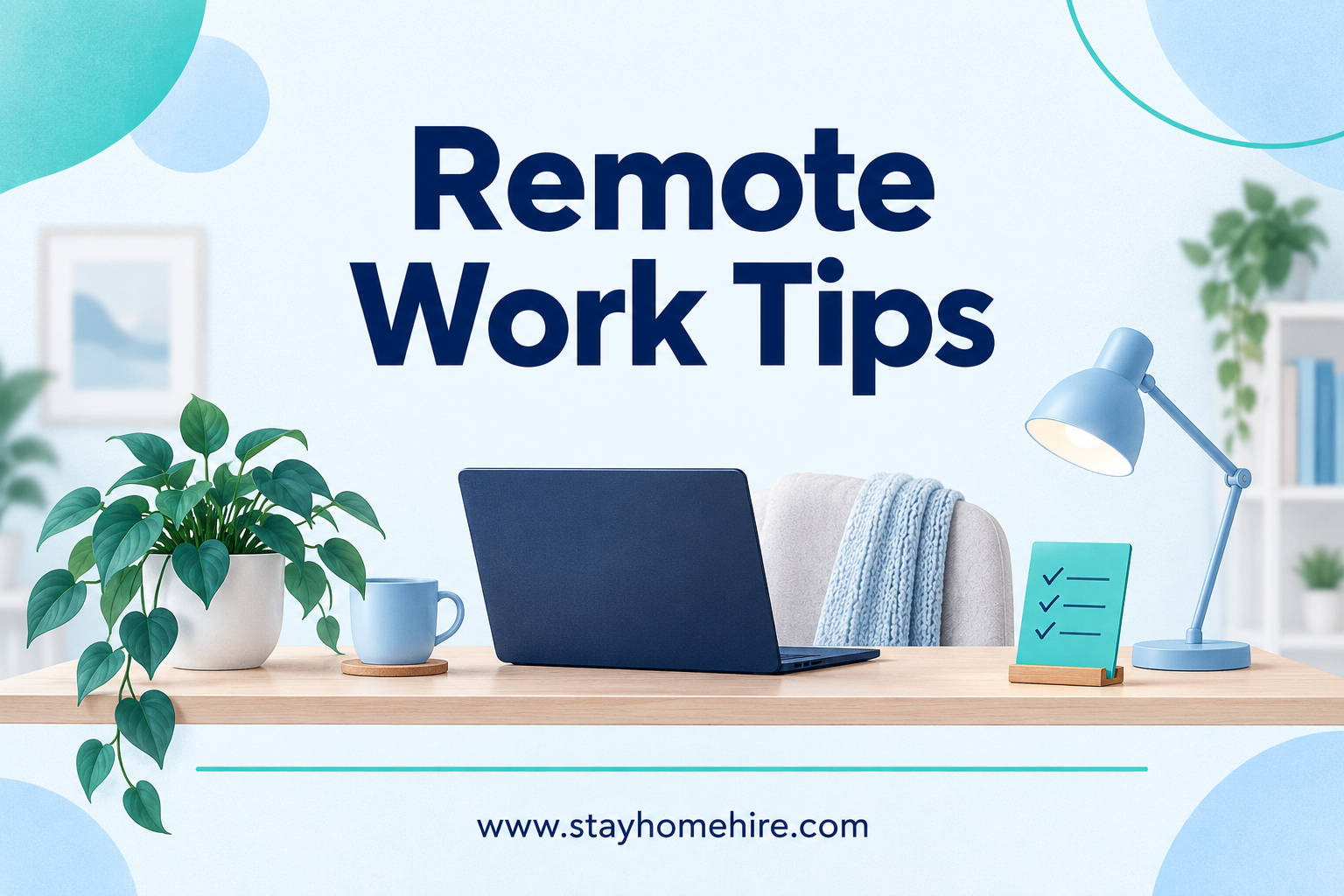 Remote Work Tips category card with navy title, teal and light-blue illustration, and www.stayhomehire.com at the bottom.