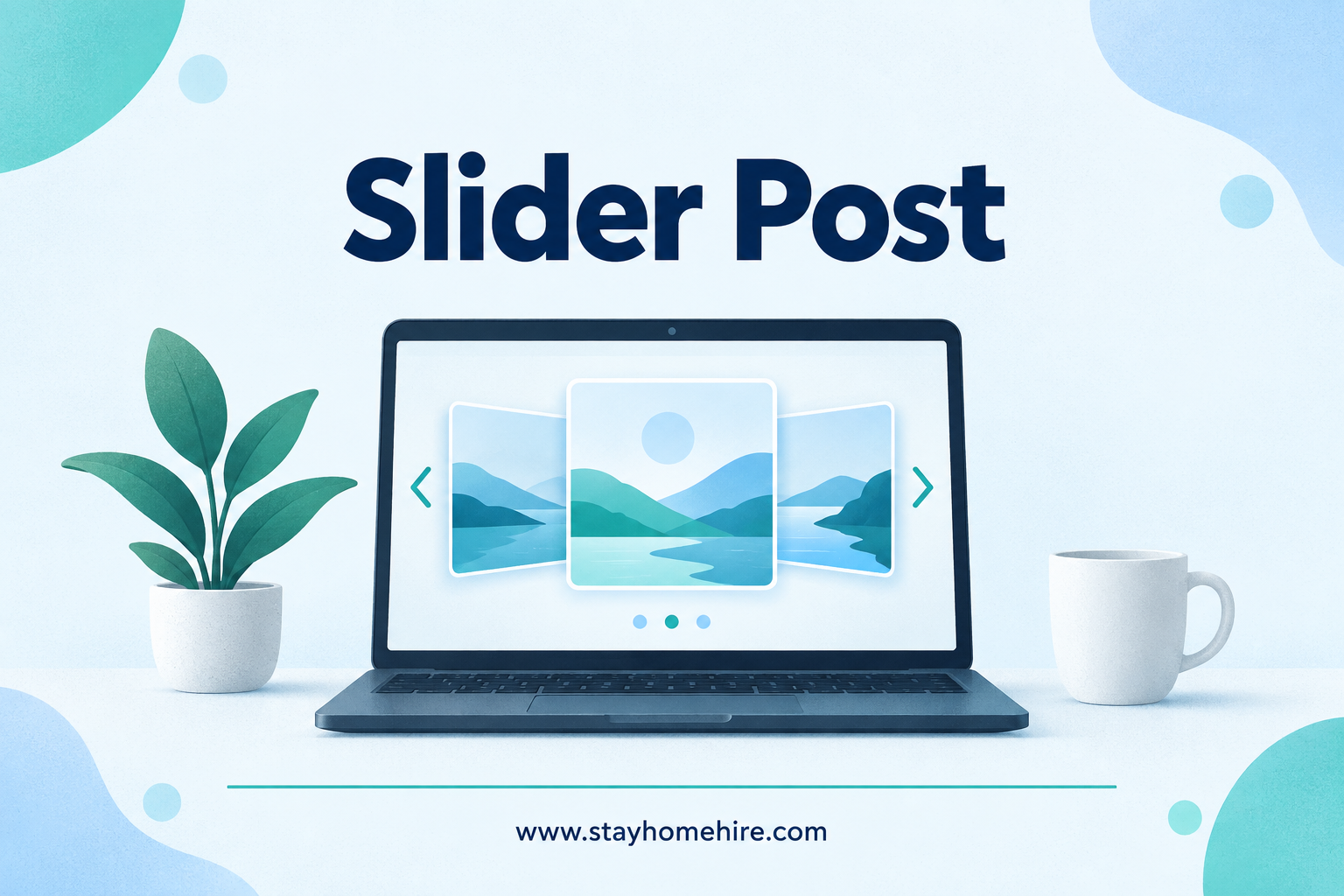 Slider Post category card with navy title, teal and light-blue illustration, and www.stayhomehire.com at the bottom.