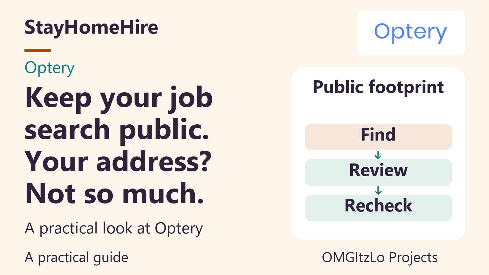StayHomeHire guide to Optery with an original public-footprint review diagram: find, review, and recheck.