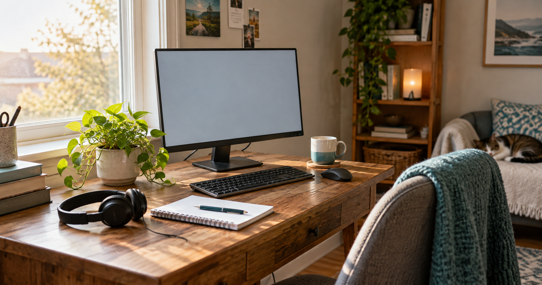 A peaceful home workspace with a wooden desk, monitor, headphones, notebook and plants in morning light