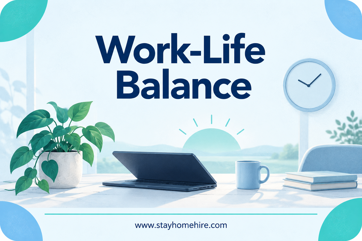 Work-Life Balance category card with navy title, teal and light-blue illustration, and www.stayhomehire.com at the bottom.
